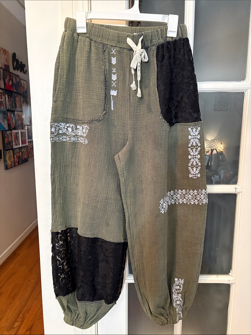 POL Olive Green and Black Embroidered Patchwork Joggers